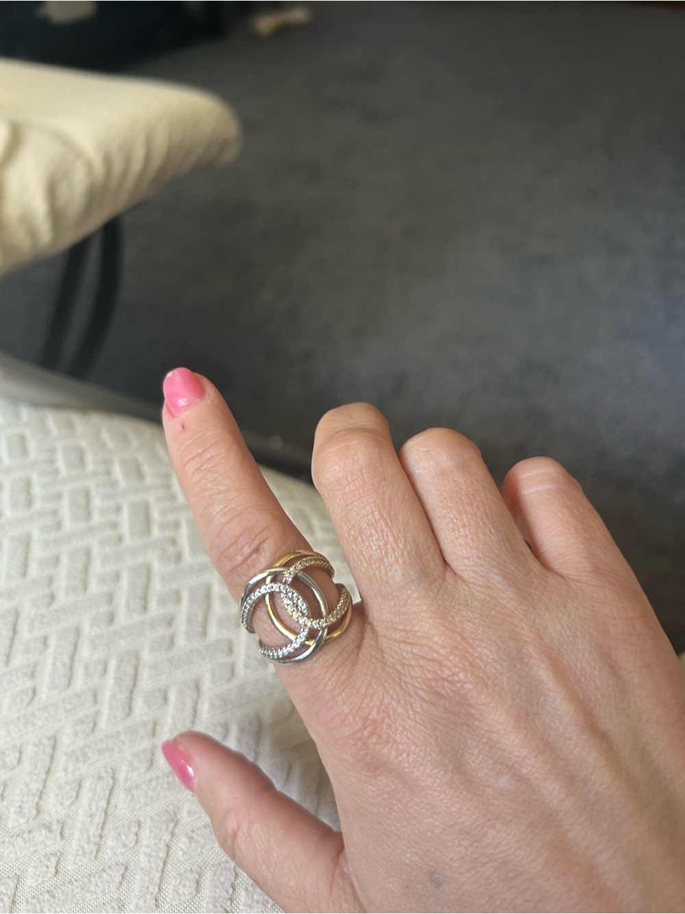 Sterling Silver Two-Tone Interlinked Circles Ring with Pavé Detail